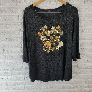 Thanksgiving Ava James Women Top 3X Plus Knit 3/4 Sleeve Black Thankful NOV99E